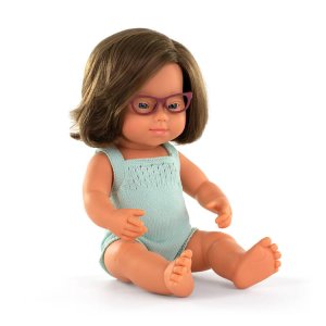 Pachnąca lalka, dziewczynka, Europejka, Zespół Downa, Colourful Edition, z okularami, 38 cm - Miniland,